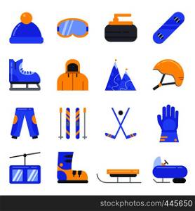 Extreme winter sport. Ski, snowboard and other equipment. Vector icon set in flat style. Curling and hockey, snowmobile and sledge, lift and snowboard illustration. Extreme winter sport. Ski, snowboard and other equipment. Vector icon set in flat style
