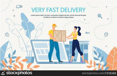 Extremely Fast Delivery Online Round-the-Clock Service Advertisement. Woman Getting Cardboard Parcel Box from Courier. Tiny People Characters Standing on Huge Laptop. Instant Packages Shipping. Extremely Fast Delivery Online Service Advert