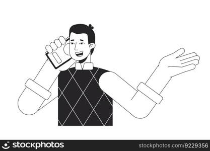 Extroverted man having conversation on phone bw vector spot illustration. Making call 2D cartoon flat line monochromatic character on white for web UI design. Editable isolated outline hero image. Extroverted man having conversation on phone bw vector spot illustration