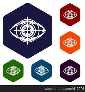 Eye and target icons set rhombus in different colors isolated on white background. Eye and target icons set