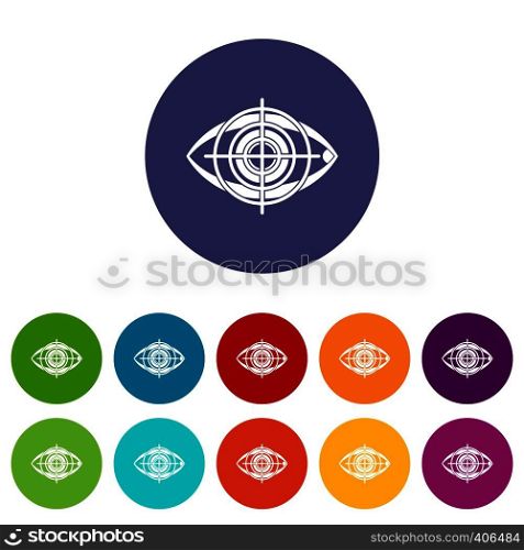 Eye and target set icons in different colors isolated on white background. Eye and target set icons