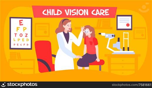 Eye care kid flat composition with character of teenage girl at ophthalmologists office with furniture silhouettes vector illustration