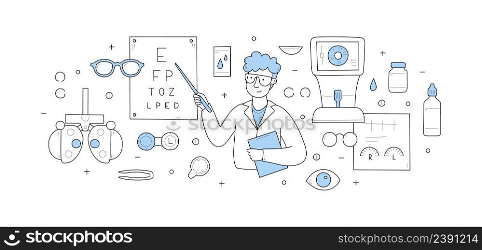 Eye check, ophthalmology diagnostics, vision correction, optometry doodle concept. Ophthalmologist checking eyesight of patient. Oculist show letters at eye test board, Line art vector illustration. Eye check ophthalmology diagnostics doodle concept