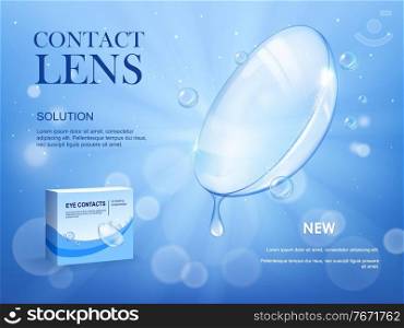 Eye contact lens new medical solution banner. Soft scleral contact lens with falling and dripping water or tear droplets, product packaging box 3d realistic vector. Eyesight treatment product poster. Eye contact lens medical solution vector banner