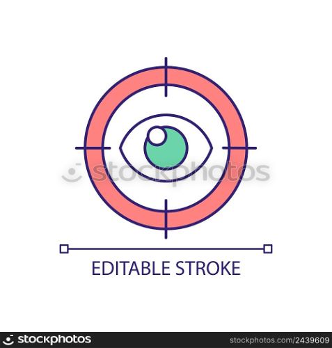 Eye contact RGB color icon. Nonverbal communication. Surveillance sign. Staring and control. Isolated vector illustration. Simple filled line drawing. Editable stroke. Arial font used. Eye contact RGB color icon