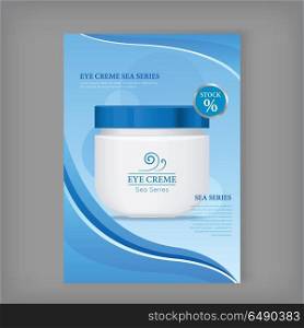 Eye Cream Sea Series. Eye cream sea series. Plastic tube for cosmetics on blue background. Product for body, skin and face care, beauty, health, freshness, youth, hygiene. Realistic vector illustration.