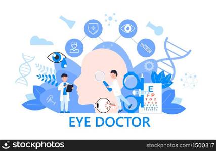 Eye doctor concept vector. Glaucoma treatment concept vector. Medical ophthalmologist eyesight check up with tiny people character. It can be used for banner, flyer, card, website, landing page.. Eye doctor concept vector. Glaucoma treatment concept vector. Medical ophthalmologist eyesight check up with tiny people character. It can be used for banner, flyer, website, landing page.