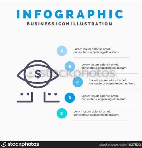 Eye, Dollar, Marketing, Digital Line icon with 5 steps presentation infographics Background