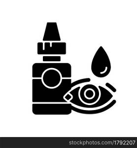 Eye drops black glyph icon. Relieving dryness and redness. Eye problems treatment. Reduce allergy symptom. Treat viral infection. Silhouette symbol on white space. Vector isolated illustration. Eye drops black glyph icon