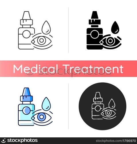 Eye drops icon. Relieving dryness and redness. Eye problems treatment. Artificial tears. Reduce allergy symptom. Treat viral infection. Linear black and RGB color styles. Isolated vector illustrations. Eye drops icon
