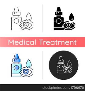 Eye drops icon. Relieving dryness and redness. Eye problems treatment. Artificial tears. Reduce allergy symptom. Treat viral infection. Linear black and RGB color styles. Isolated vector illustrations. Eye drops icon