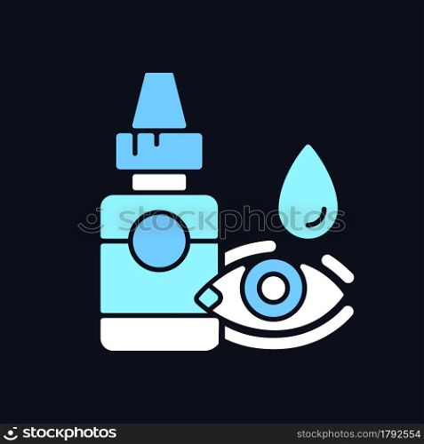 Eye drops RGB color icon for dark theme. Relieving dryness, redness. Allergy symptom. Treat viral infection. Isolated vector illustration on night mode background. Simple filled line drawing on black. Eye drops RGB color icon for dark theme
