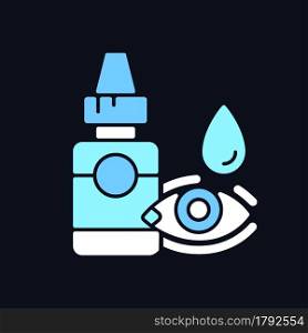 Eye drops RGB color icon for dark theme. Relieving dryness, redness. Allergy symptom. Treat viral infection. Isolated vector illustration on night mode background. Simple filled line drawing on black. Eye drops RGB color icon for dark theme