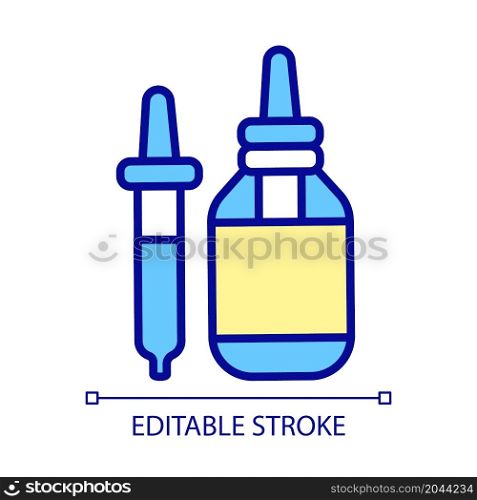 Eye drops RGB color icon. Taking prescribed antibiotic eye drops. Blue bottle. Recommendations by doctors. Isolated vector illustration. Simple filled line drawing. Editable stroke. Eye drops RGB color icon
