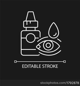 Eye drops white linear icon for dark theme. Relieving dryness and redness. Treat viral infection. Thin line customizable illustration. Isolated vector contour symbol for night mode. Editable stroke. Eye drops white linear icon for dark theme