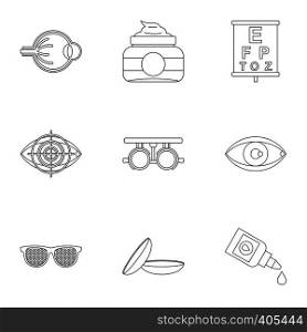 Eye exam icons set. Outline illustration of 9 eye exam vector icons for web. Eye exam icons set, outline style