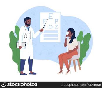 Eye examination 2D vector isolated illustration. Ophthalmologist and patient flat characters on cartoon background. Vision exam colourful scene for mobile, website, presentation. Comfortaa font used. Eye examination 2D vector isolated illustration