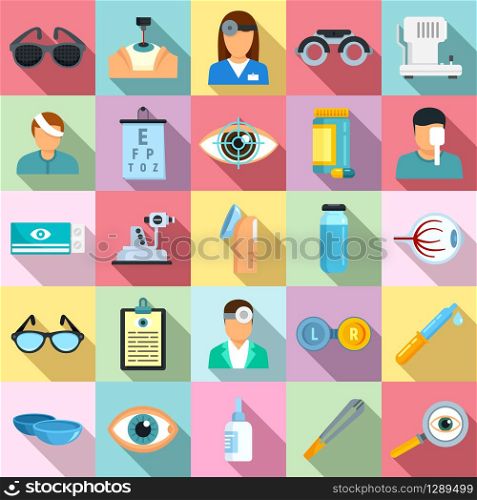 Eye examination icons set. Flat set of eye examination vector icons for web design. Eye examination icons set, flat style