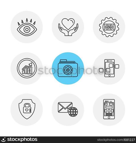 eye , heart , gear , graph , folder , mobile , sheild , message , icon, vector, design, flat, collection, style, creative, icons