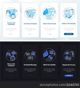 Eye hygiene white, black onboarding mobile app page screen. Preparation walkthrough 4 steps graphic instructions with concepts. UI, UX, GUI vector template with linear night and day mode illustrations. Eye hygiene white, black onboarding mobile app page screen