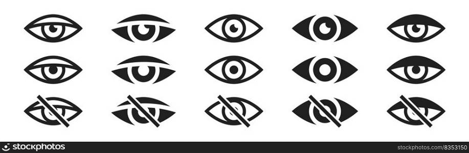 Eye icon set. Vector isolated illustration. Set of eyes icons collection. Black eye symbol set.. Eye icon set. Vector illustration. Set of eyes icons collection. Black eye symbol set.