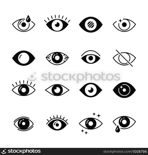 Eye icons. Human eyes, vision and view signs. Visible, sleep and medicine supervision observe, lens or cry, eyesight health outline silhouette vector isolated symbols set. Eye icons. Human eyes, vision and view signs. Visible, sleep and observe vector symbols
