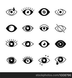 Eye icons. Human eyes, vision and view signs. Visible, sleep and medicine supervision observe, lens or cry, eyesight health outline silhouette vector isolated symbols set. Eye icons. Human eyes, vision and view signs. Visible, sleep and observe vector symbols