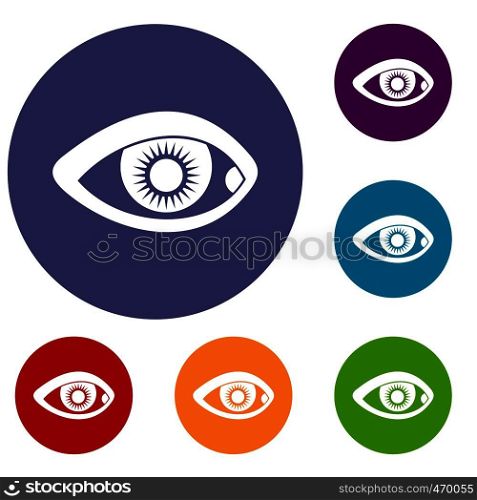 Eye icons set in flat circle reb, blue and green color for web. Eye icons set