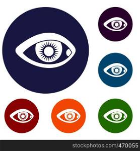 Eye icons set in flat circle reb, blue and green color for web. Eye icons set