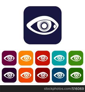 Eye icons set vector illustration in flat style in colors red, blue, green, and other. Eye icons set