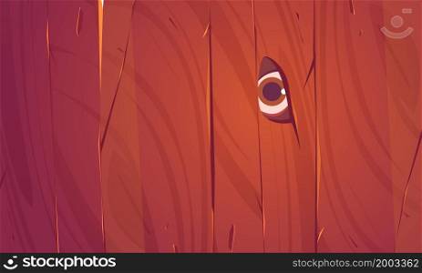 Eye in fence hole, peep or spy concept. Hidden person looking through wooden plank. Peeking, surveillance or voyeurism activity, human or animal eyeball behind of boards, Cartoon vector illustration. Eye in fence hole, peep, voyeurism or spy concept