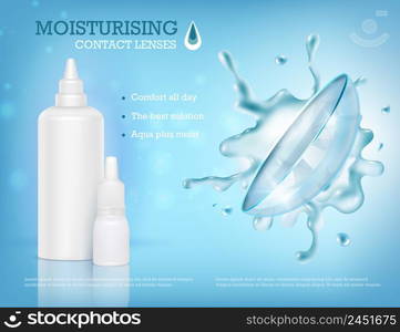 Eye lenses advertising composition with realistic images of plastic package with editable text and blurry background vector illustration. Contack Lens Moisture Composition