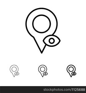 Eye, Location, Map, Pointer Bold and thin black line icon set