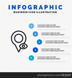 Eye, Location, Map, Pointer Line icon with 5 steps presentation infographics Background