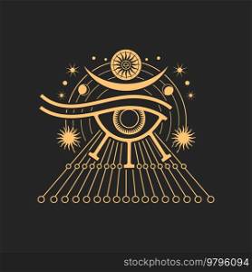 Eye of Horus, ancient Egyptian symbol of protection, pentagram star and sun rays. Eye of Ra, vector occult and esoteric magic symbol isolated on black. Horus eye ancient Egyptian sign, pentagram star