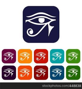 Eye of Horus Egypt Deity icons set vector illustration in flat style In colors red, blue, green and other. Eye of Horus Egypt Deity icons set flat