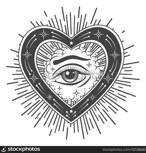 Eye of Providence tattoo. Masonic symbol. All seeing eye inside shape of heart. Symbol of Sacred geometry, religion, spirituality, occultism. Vector illustration