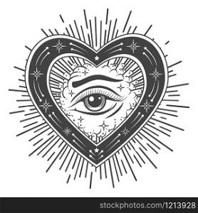 Eye of Providence tattoo. Masonic symbol. All seeing eye inside shape of heart. Symbol of Sacred geometry, religion, spirituality, occultism. Vector illustration