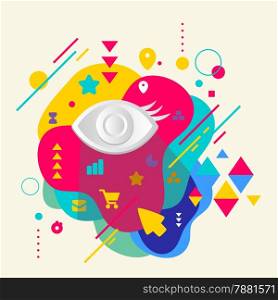 Eye on abstract colorful spotted background with different elements. Flat design.