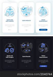 Eye operation pros white, black onboarding mobile app page screen. Walkthrough 3 steps graphic instructions with concepts. UI, UX, GUI vector template with linear night and day mode illustrations. Eye operation pros white, black onboarding mobile app page screen