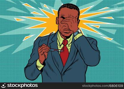 Eye pain, fatigue and poor vision. Pop art retro vector illustration. Medicine and health. Man in glasses. African American people