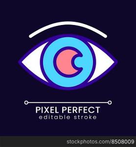 Eye pixel perfect RGB color icon for dark theme. Process monitoring and supervision. Vision on business. Simple filled line drawing on night mode background. Editable stroke. Poppins font used. Eye pixel perfect RGB color icon for dark theme