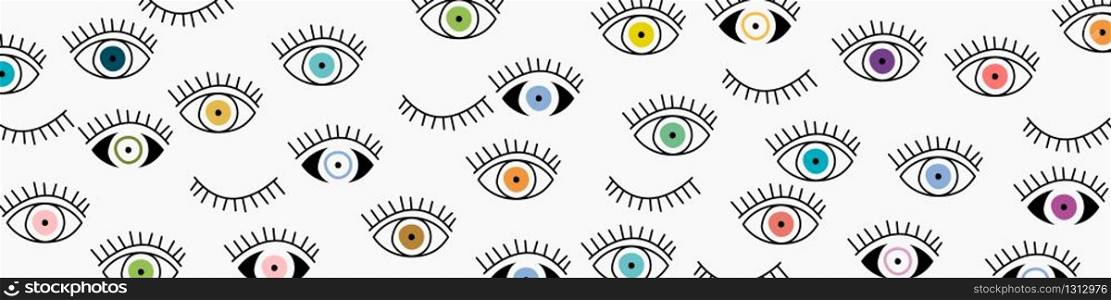 Eye seamless pattern. Vector hand drawn. Open and close eyes with lash banner background