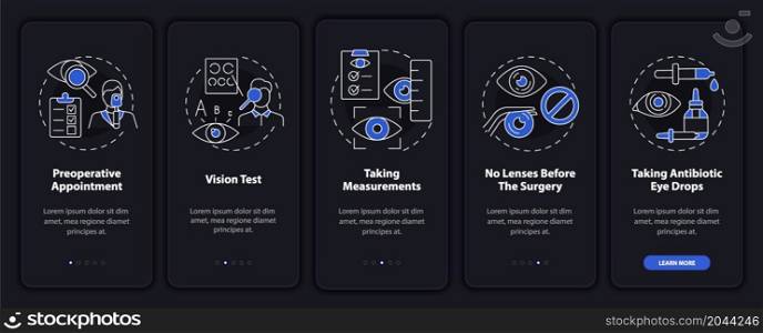 Eye surgery preparation black onboarding mobile app page screen. Procedure walkthrough 5 steps graphic instructions with concepts. UI, UX, GUI vector template with linear night mode illustrations. Eye surgery preparation black onboarding mobile app page screen