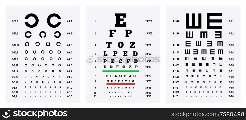 Eye test charts 3 medical realistic downloadable posters set to exam measure visual activity isolated vector illustration