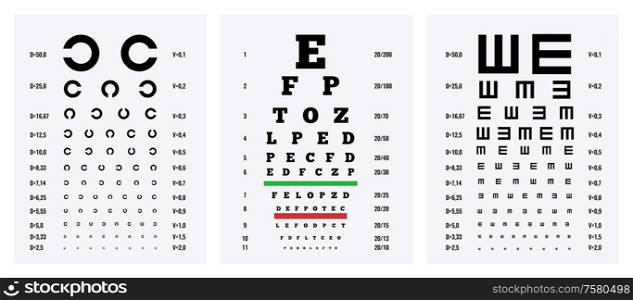Eye test charts 3 medical realistic downloadable posters set to exam measure visual activity isolated vector illustration