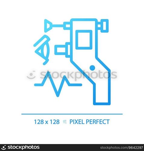 Eye tonometer pixel perfect gradient linear vector icon. Ocular tonometry. Optical store. Glaucoma treatment. Thin line color symbol. Modern style pictogram. Vector isolated outline drawing. Eye tonometer pixel perfect gradient linear vector icon
