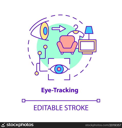 Eye-tracking concept icon. Gaze point tracker. Visual attention analysis tool. Eye movement measurement abstract idea thin line illustration. Vector isolated outline color drawing. Editable stroke. Eye-tracking concept icon
