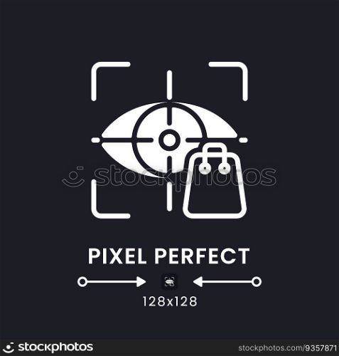 Eye tracking white solid desktop icon. Consumer insight. Neuromarketing technique. Pixel perfect 128x128, outline 4px. Silhouette symbol for dark mode. Glyph pictogram. Vector isolated image. Eye tracking white solid desktop icon