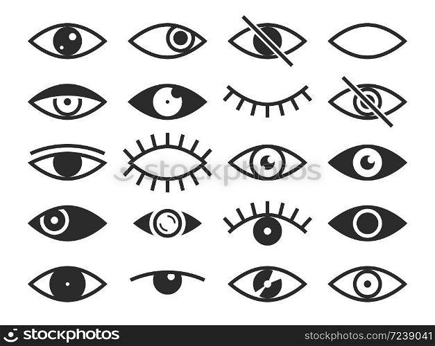 Eye. Vision and view signs, open and closed human eyes, lens or cry, ophthalmologist medicine supervision health eyes. Eyesight silhouette vector isolated symbols set. Eye. Vision and view signs, open and closed human eyes, lens or cry, medicine supervision health eyes. Eyesight vector isolated symbols
